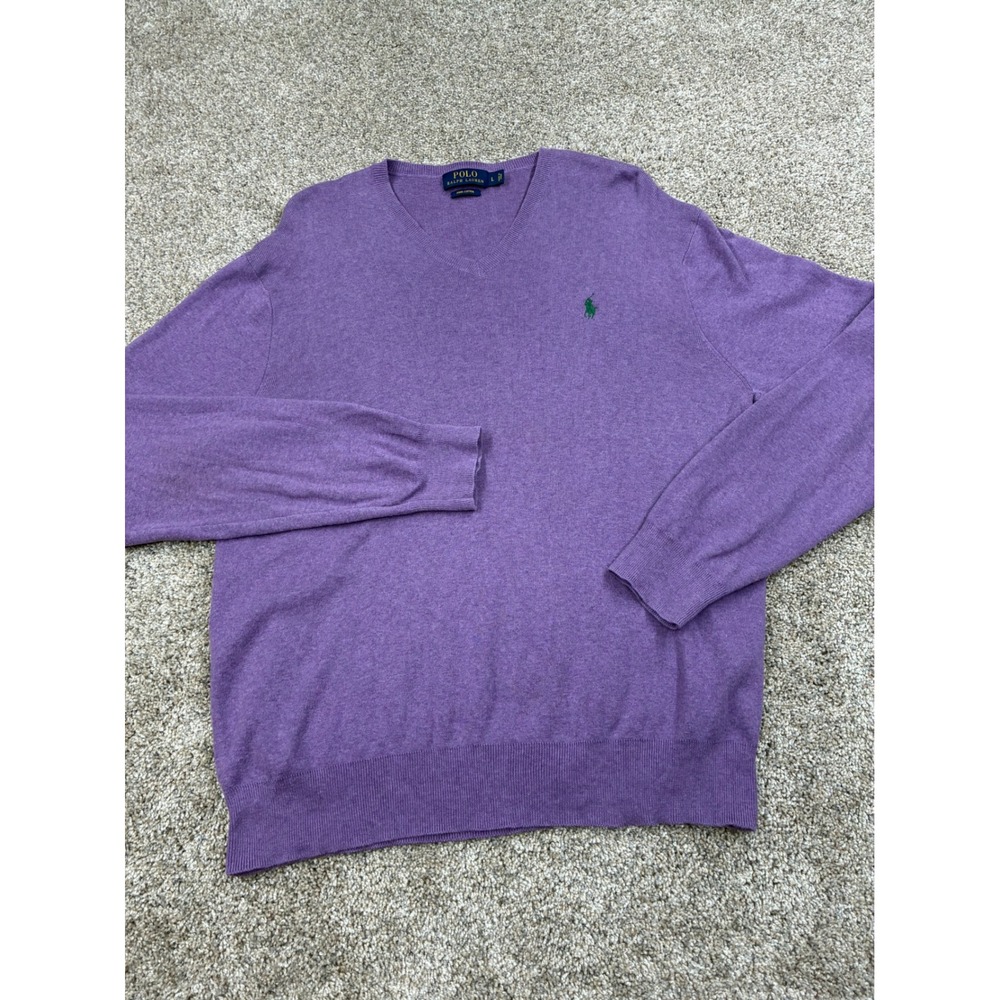 Polo Ralph Lauren Mens Purple Pima Cotton V-Neck Sweater Size L Pony Logo #0887